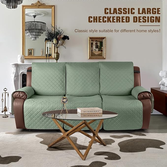 KinCam Waterproof Recliner Sofa Cover, Non-Slip Reclining Couch Covers for 3 Seat, Recliner Couch Cover Furniture Protector with Elastic Straps for Pets, Kids, Sage Green