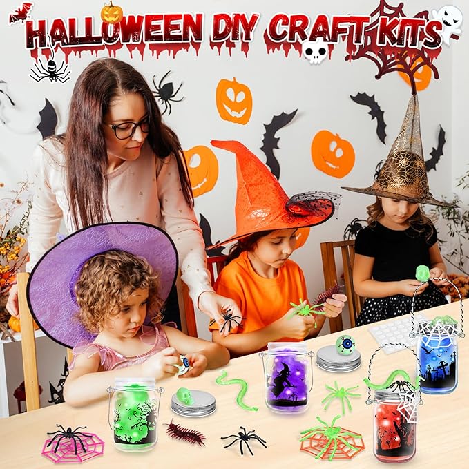 SpringFlower Halloween Craft for Kids, Halloween Mason Jar with Accessories,Halloween Art Activities Party Favors Supplies, Halloween DIY Lantern Jar,4 Pack