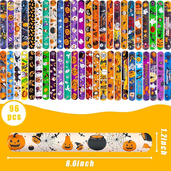 Shindel Halloween Slap Bracelets, 96PCS Kids Halloween Party Favors Halloween Slap Bands Wristbands Bulk for Goodie Bag Stuffers Trick or Treat