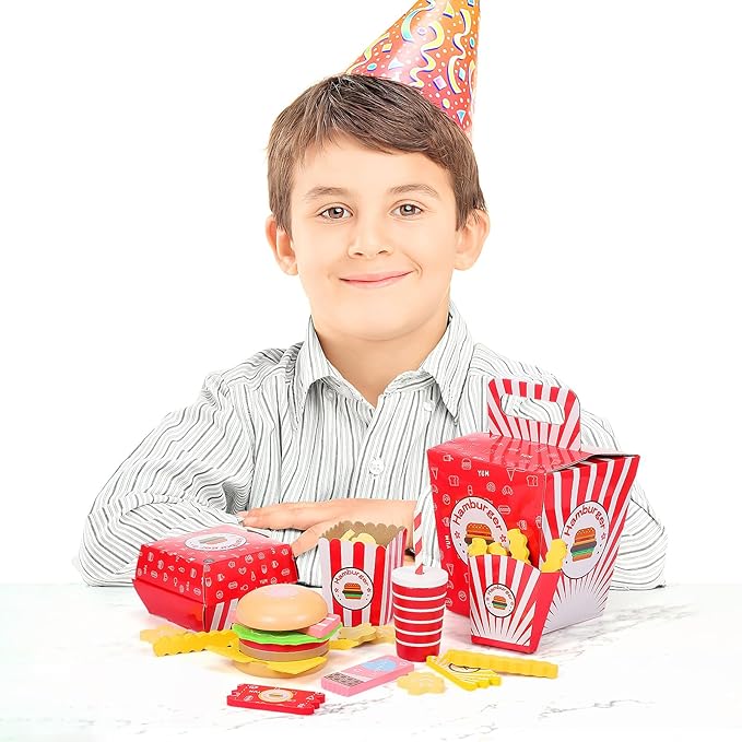 Vaguelly 1 Set Hamburger French Fries Combo Simulation Wooden Food Toys Wooden Kitchen Food Fake Food Wood Pretend Food Kitchen Play Food Happy Burgers Household Paper Bread Child