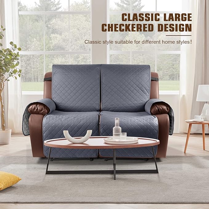 KinCam Waterproof Oversized Loveseat Recliner Cover, Non-Slip Reclining Couch Covers for 2 Seat, Recliner Sofa Cover Furniture Protector with Elastic Straps for Kids, Pets, Dark Gray