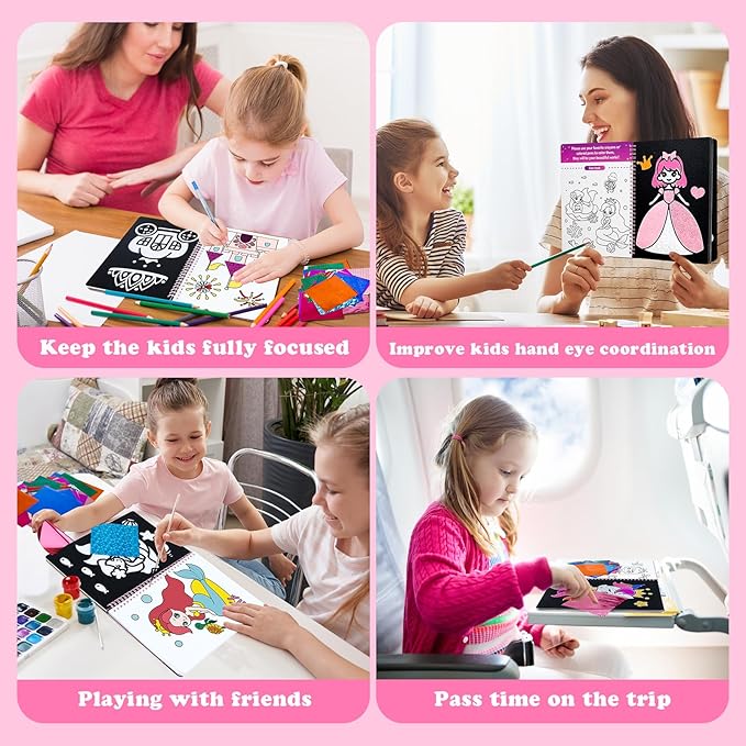 Syahro Art Craft Activity for Kids: Foil Funny Princess, Unicorn and Mermaid Carefree Creative Travel Set, Idea for 3 4 5 6 7 8 9 Year Old Girls,Art Travel Toy Suitable for Girls