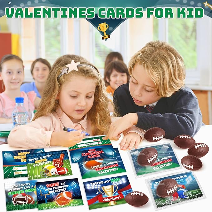 Valentines Day Gifts for Kids, 30 Pack Mini Sports Soccer Football Stress Ball with Valentines Day Cards for Kid Classroom Exchange, School Toddler Party Favor, Class Boy Girl Valentine Day Gift