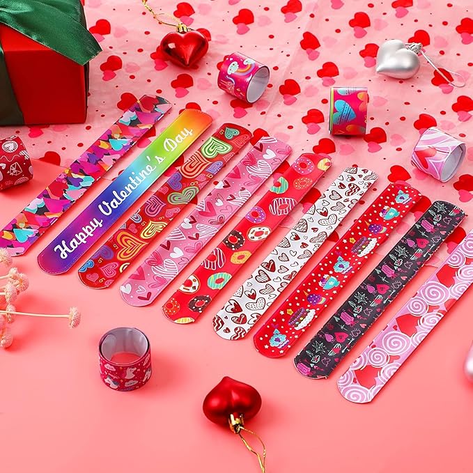 Valentines Day Gifts for Kids Classroom, Valentines Party Favors Stationery Set Includes 12 Pencils, 12 Heart Erasers,12 Slap Bracelets for Kid School Student Gift Exchange