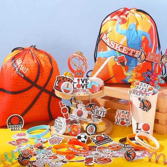 Sadnyy 140 Pcs Party Favors Birthday Party Decorations Supplies Drawstring Bags with Silicone Bracelets Keychains Straws Button Pins Stickers for Classroom Rewards Goodie Bags Stuffers(Basketball)