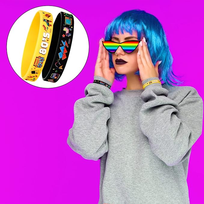 Leitee 48 Pcs 80s Party Favors 1980s Themed Silicone Bracelets 80s Jewelry for Women Men Radio Roller Skate 80s Bracelets Retro Rubber Wristbands for 1980s Party Birthday Music Party Supplies