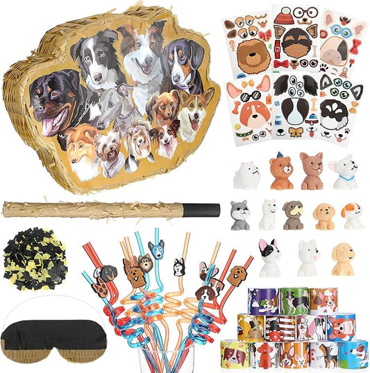 Syhood 52 Pcs Dog Party Favors for Kids Set Dog Piñata for Birthday Party Include Piñata Stick Blindfold Mask Confetti 12 Slap Bracelets 12 Dog Figures Dog 12 Sheets Sticker 12 Straws for Girl Boy