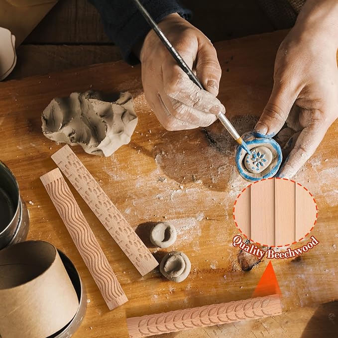 Set of 5 Wooden Handle Pottery Tools Clay Modeling Pattern Rollers Kit Brown (Set of 5)
