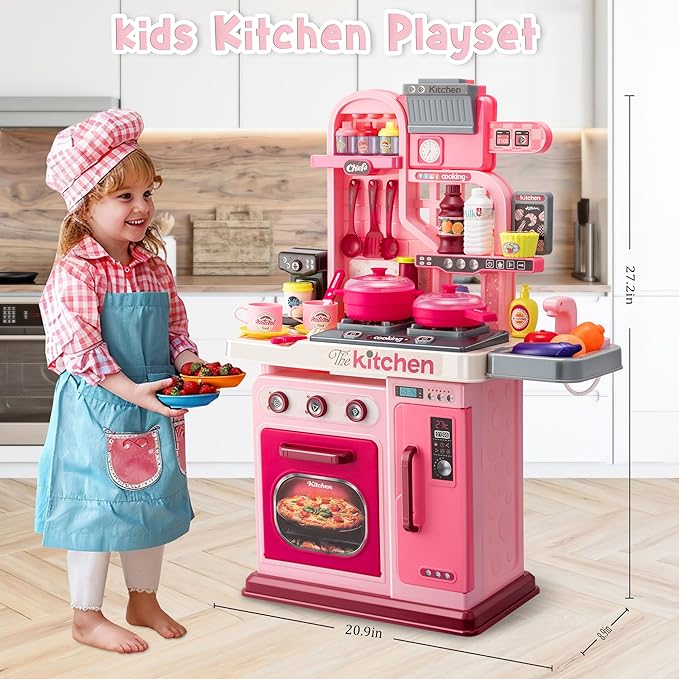 Kids Kitchen Playset-53pcs Cooking Stove,Paly Sink,Oven,Kitchen Toys with Realistic Lights&Sounds,Pretend Play Toys,Kitchen Toys for Toddlers 1 2 3 (Pink)
