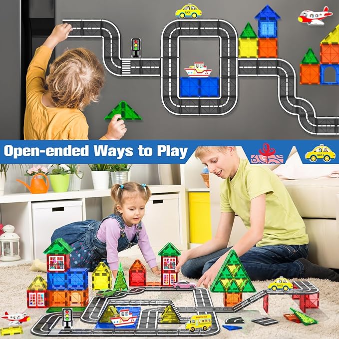 Magnetic Tiles Road Toys for 3+ Year Old Toddler, Magnetic Blocks Building Toys for Kids Ages 3-5 5-7 Girls Boys, STEM Montessori Sensory Toys, Classroom Must Haves