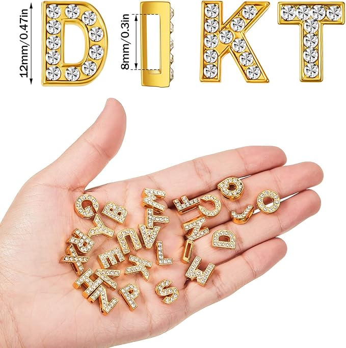 104 Pieces 8 mm Full Rhinestones Slide Alphabet Letters A-Z DIY Letters Charm for Wristbands Bracelets Necklace Choker Jewelry Making Charms Supplies, Gold