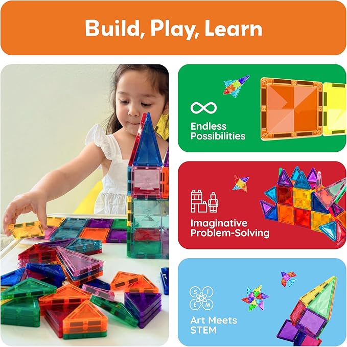 PicassoTiles 100 Pieces Magnetic Tiles Building Blocks Mini Size Diamond Series Magnet Toys Travel Size On-The-Go Construction Sensory Toys Gifts Educational Set STEM Learning Kit Playset PTM100