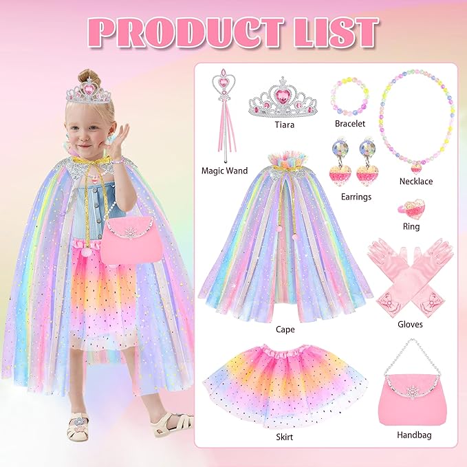 11PCS Princess Cape Dress up Clothes for Little Girls, Princess Cape with Crown for Kids Girls 3-8 Birthday Gifts