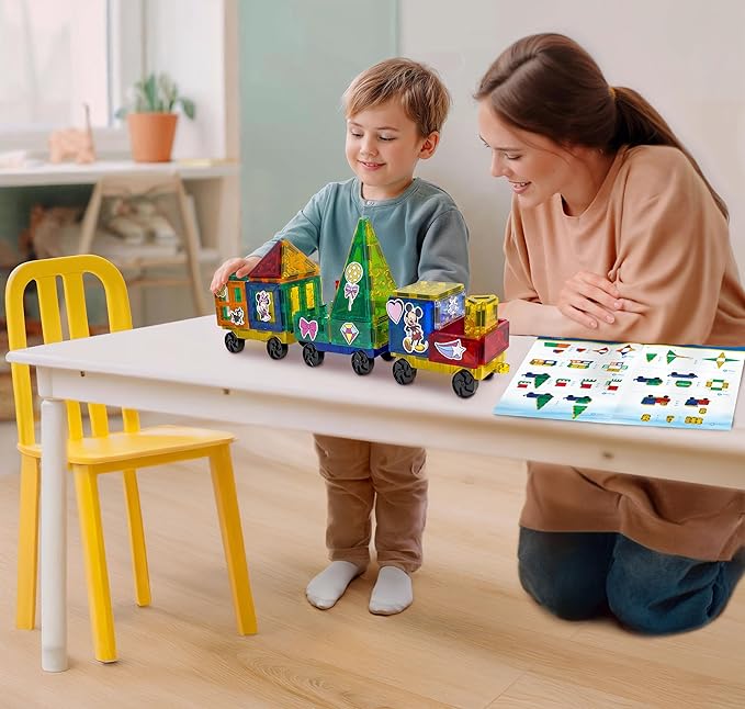 Official Disney Junior Mickey Train Magnetic Tile Set – 41-Piece STEM Building Kit with Wheeled Base Cars, Reusable Stickers & Learning Workbook – Educational Toy for Kids Ages 3+