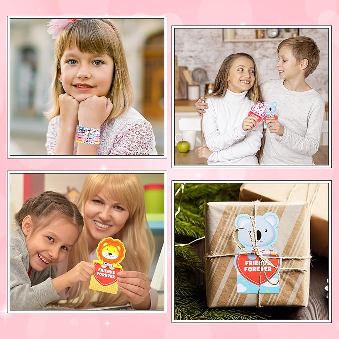 MOVINPE Valentines Day Cards for Girls Classroom Bulk, 24 Pack Friendship Bead Bracelets with Valentines Day Gift Cards, Classroom Prizes, Exchange Gift, Valentine’s Day Cards for Kids School