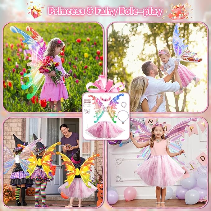 Princess Dress up Costume with Electric Fairy Wings for Girls 3-8, Light Up Moving Butterfly Wings with LED Lights&Music, Christmas Birthday Gift Princess Dresses with Crown/Wand/Bracelets/Necklaces