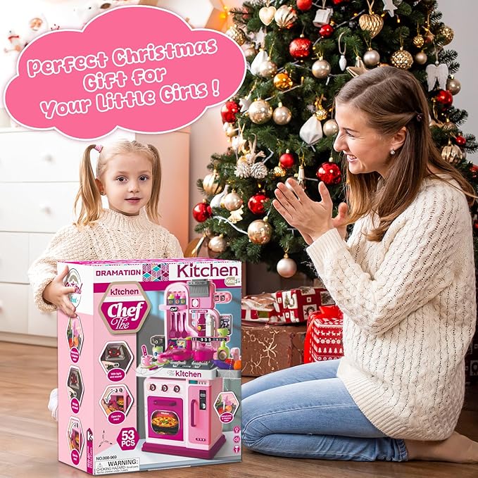 DRAMATION Kids Kitchen Playset, 27.1 Inches Play Kitchen with Sound and Light, Kitchen Set for Toddlers 1-3 3-5, Cooking Stove, Play Sink and Kitchen Accessories, Toy Kitchen (Pink)
