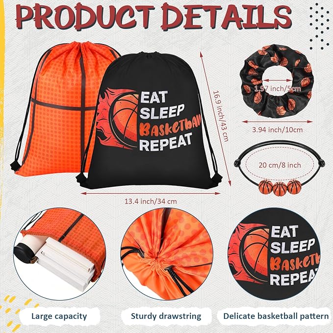 Yungyan 48 Pcs Basketball Party Favors Set Basketball Goodie Bags 24oz Basketball Cups with Lids Sport Drawstring Bags Basketball Hair Ties Bracelets for Team Gifts Basketball Party Supplies