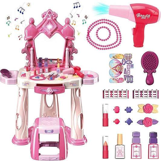 Pretend Play Girls Makeup Table Set with Stool,Kids Vanity Set with Lights and Music,Toddler Beauty Salon Set with Makeup Accessories & Hair Dryer Toy,Best Birthday Gifts for Toddlers 2-5 Years Old