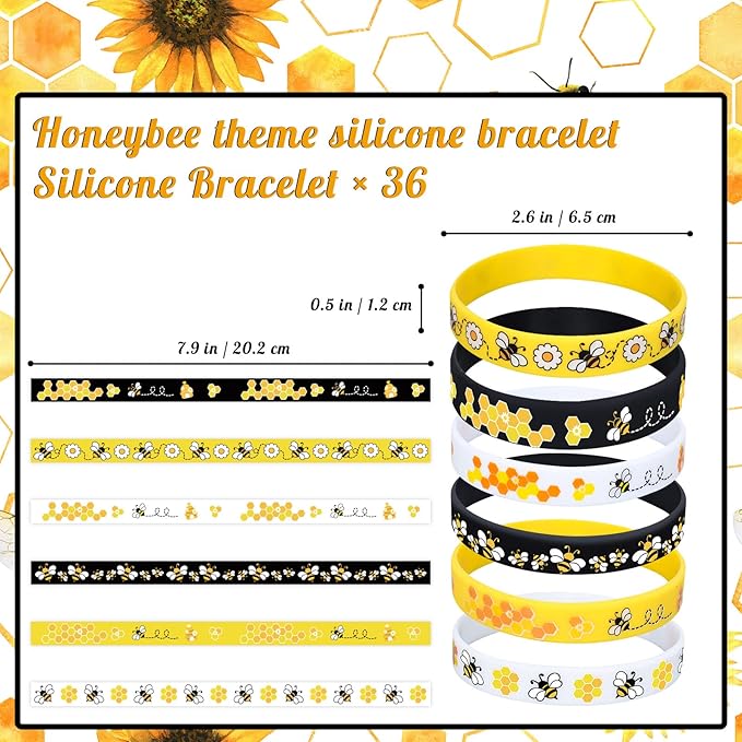 Whaline 6 Designs Bee Silicone Bracelets 36Pcs Honey Bee Flower Rubber Wristband White Black Yellow Spring Summer Bee Bracelets for World Bee Day Birthday Baby Shower Bee Theme Party Favor Supplies