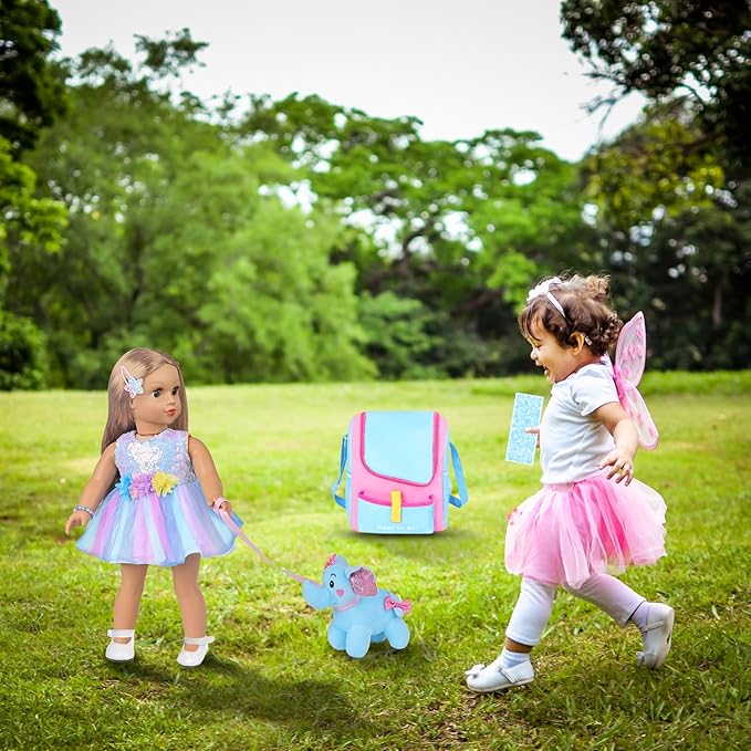 UNICORN ELEMENT 18 Inch Girl Doll Accessories with Doll Carrier Bag + Dress + 2 Hairpins + Blue Sticker + Bracelets + Toy Elephant, Baby Doll Clothes and Accessories for 18 Inch Doll (No Doll)