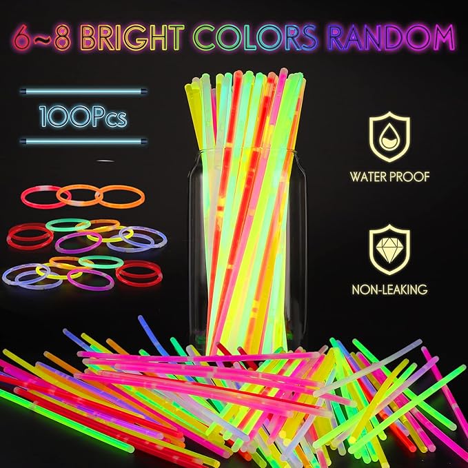 100Pcs Glow Sticks,Glow In The Dark Sticks,8" Glowsticks Light Up Sticks Party Favors for Kids Adults, Glow Sticks Bulk with Connectors for Necklaces Bracelets Party Supplies