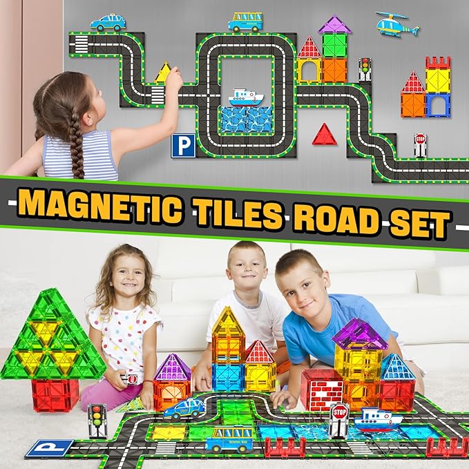 Magnetic Tiles Road Set with Car Magnet Building Tile Toys for Kids Ages 3-5 4-8 5-7 Magnetic Blocks Expansion Pack STEM Construction Toys for 3 Year Old Boy Girl Toddler Christmas Birthday Gift 42pcs