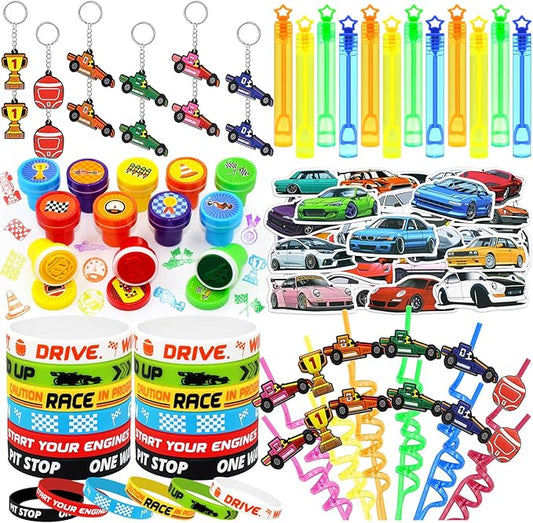 110 PCS Race Car Party Favors Birthday Supplies with Drinking Straws, Silicone Bracelets, Bubble Wands, Keychains, and Racing Car Pinata for Boys Goodie Bag Stuffers