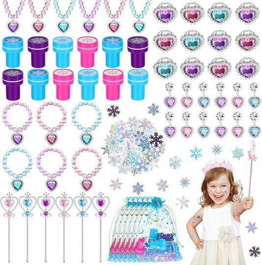 Faccito 134 Pieces Princess Party Favors Winter Birthday Party Supplies Snowflake Jewelry Gifts Set for Kids Include Diamond Necklaces Bracelets Rings Earrings Stickers Crown Wand Stampers Bags