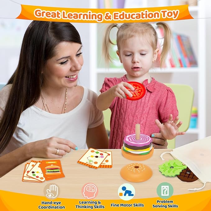 Jumlys Montessori Toys for 2, 3, 4, 5, Year Old, Wooden Burger Stacking Toys, Fine Motor Toys for Kids Boys Girls, Ideal Preschool Educational and Learning Toys, Perfect Christmas Birthday Gifts