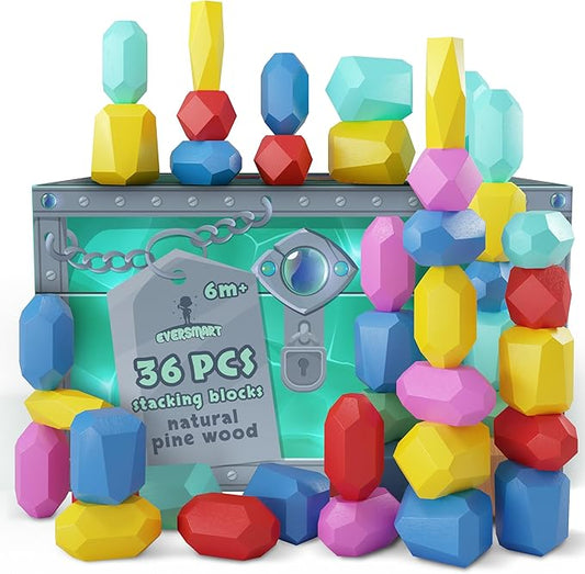 Wooden Stacking Blocks – Montessori Toys for 1 2 3 4 5 6 Year Old Toddlers and Kids, No Choking Hazard – Building Rocks Stones Games, for Girls and Boys