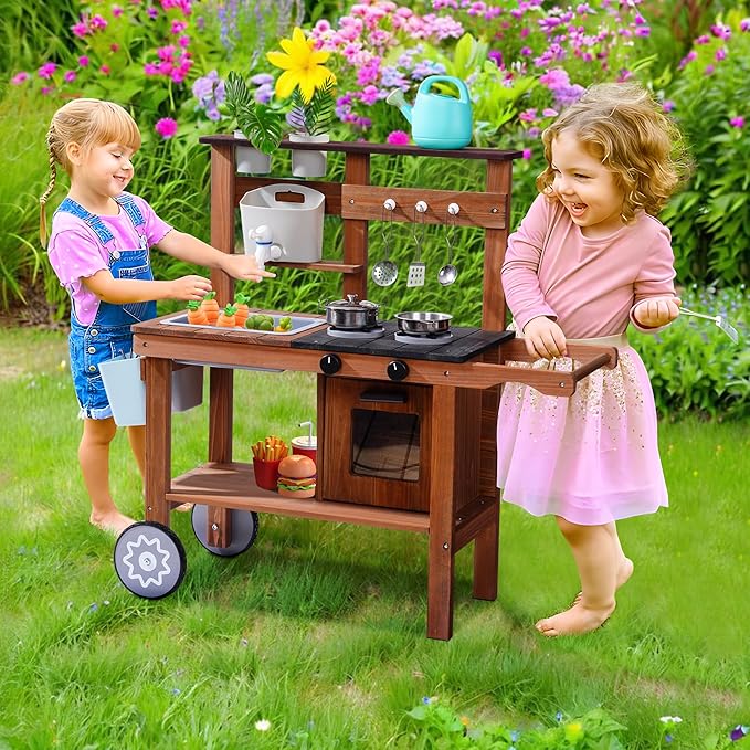 ROBOTIME Mud Kitchen for Kids Outdoor, Wooden Kids Kitchen Playset with Wheels, Outdoor Play Kitchen with Accessories, Fun Backyard Pretend Outdoor Toy Kitchen for Boys Girls Ages 3+