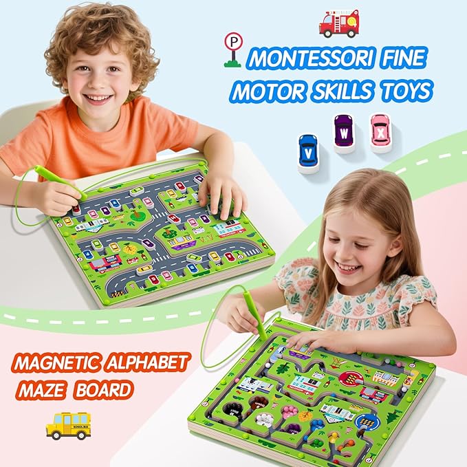 rifamee 2 in 1 Magnetic Color and Number Maze Magnet Alphabet Counting Double Sided Board Wood Puzzle Fine Motor Skills Montessori Preschool Toys Gifts for Boys and Girls 3-5 Age (Big Car, One Size)