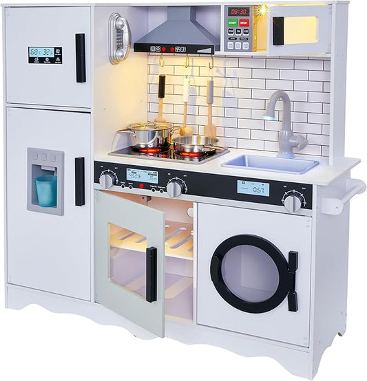 Lil’ Jumbl Kids Kitchen Set, Pretend Wooden Play Kitchen, Battery Operated Icemaker, Microwave, Range Hood, Stove Top, Oven, with Realistic Sound & Lights, Pots, Pan, & Utensils Included