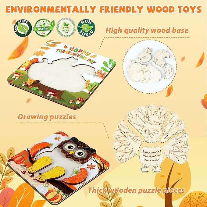 12 Pack Fall Thanksgiving Wooden Puzzles for Toddlers Autumn Puzzles Coloring Craft Kits for Kids Boys Girls Montessori Toys Harvest Party Favors Treat Bag Gifts Educational Learning Jigsaw Puzzle