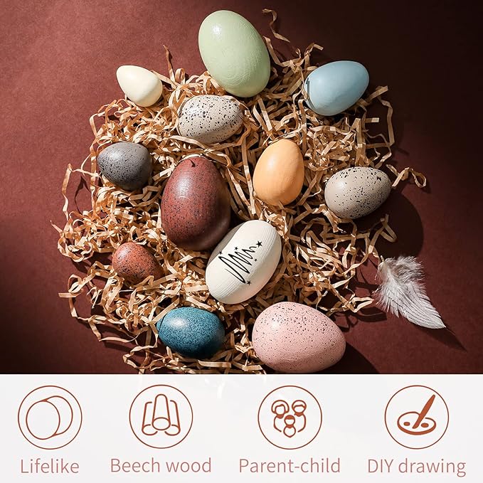 Youuys Wooden Easter Eggs Toys for Kids, Faux Easter Speckled Eggs DIY Art for Craft for Home Garden Decors, Cognitive Montessori Toy for Species Identification Early Educational Preschool Classroom