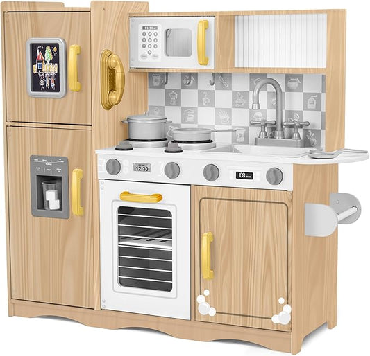 Lil' Jumbl Kids Kitchen Set, Pretend Wooden Play Kitchen with Chalk Board, Play Phone, Towel Rack & Ice Dispenser, Clicking Knobs, Pots & Utensils Included - Natural