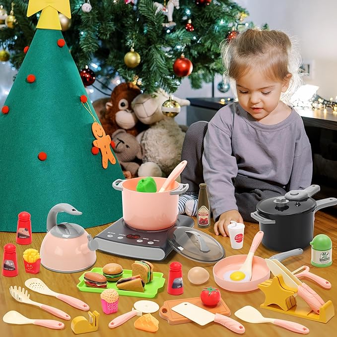 CUTE STONE Play Kitchen Accessories Set, Kids Cooking Toys Set with Play Pots and Pans, Electronic Induction Cooktop with Sound and Light, Cookware Utensils Kids Kitchen Set Kitchen Toys for Kids