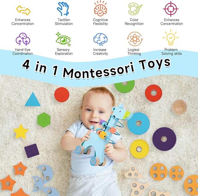 4-in-1 Wooden Montessori Toys for 1+ Year Old - Educational Sensory Toys for Toddlers Aged 1-3 - Baby Learning Toys for Boys and Girls, Christmas Birthday Gifts