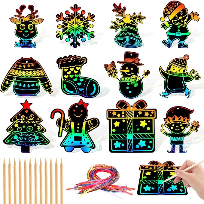 JULMELON Christmas Scratch Art, 36 PCS Christmas Crafts Kits for Kids Rainbow Magic Scratch Paper Cards Xmas Hanging Ornaments Decorations DIY Winter Holiday Party Favors
