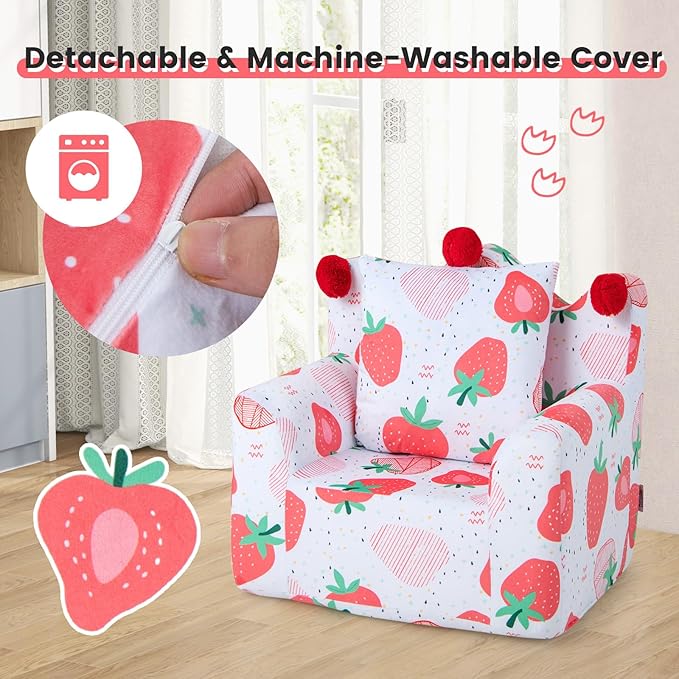 Costzon Kids Couch, Foam Filled Children's Sofa Armchair w/Padded Pillow, Washable Velvet Cover & Soft Sponge Filling, Upholstered Sofa Chair Gift for Preschool, Playroom, Toddler Couch (Strawberry)