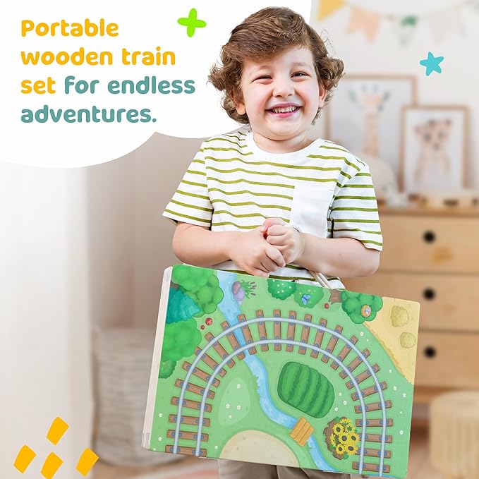 Bimi Boo 26-Piece Wooden Take-Along Tabletop Railroad Play Set for Toddlers - Premium Wood Railway Set for Kids 3+ Year Old - Magnetic Train Kit for Pretend Play - Includes Carry Case with Handle