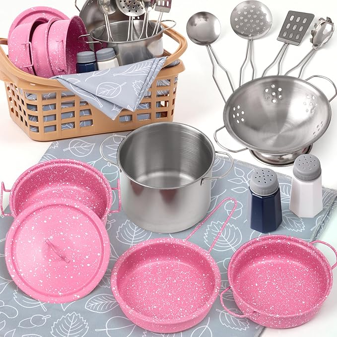 Kids Play Kitchen Toy Accessories Set Toddler Cooking Playset Colorful Stainless Steel Pots and Pans Birthday Gifts for 3+ Girls Boys (New Pink)