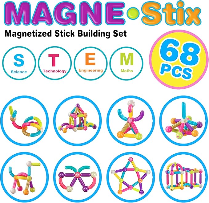 Contixo ST2 Kids Magnetic Stix Stick 68 PCs 3D Building Blocks STEM Construction Playboards Creativity, Imagination, Recreational, Educational for Children Toddler, 3+ Year Old Boys and Girls
