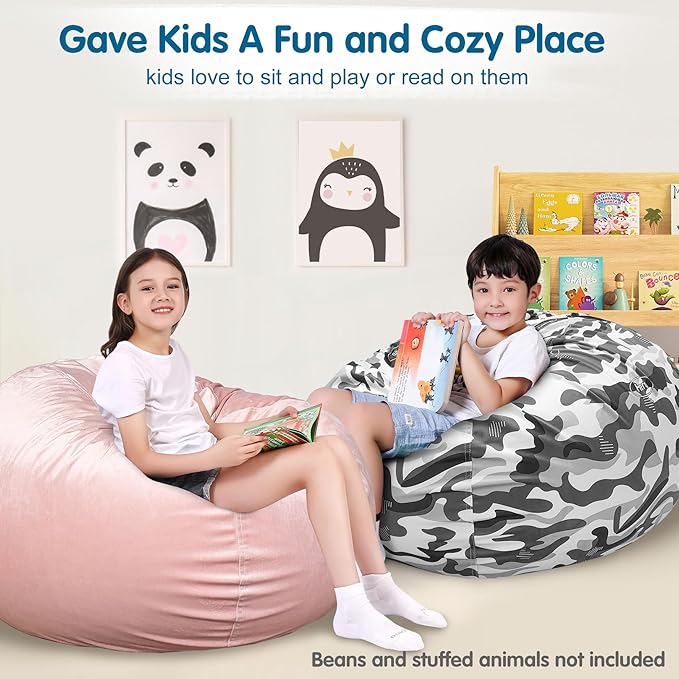 Lukeight Stuffed Animal Storage Bean Bag Chair Cover for Kids, Zipper Beanbag Chair Cover for Organizing Toddler and Kids' Rooms Plush Toys (Camo Velvet, Large)