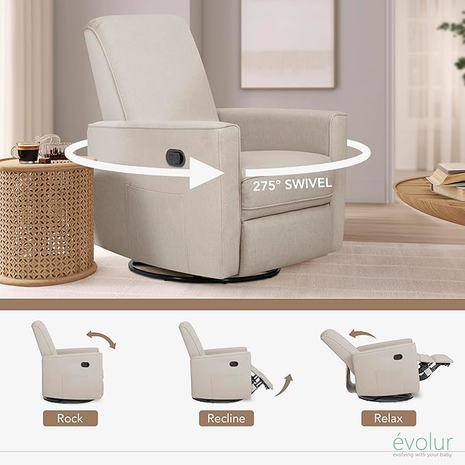 Evolur Raleigh Glider in Light Sand, Upholstered Plush Seating 360° Swivel Glider Rocking Chair, FSC Certified, Greenguard Gold & JPMA Certified Nursery Glider Recliner