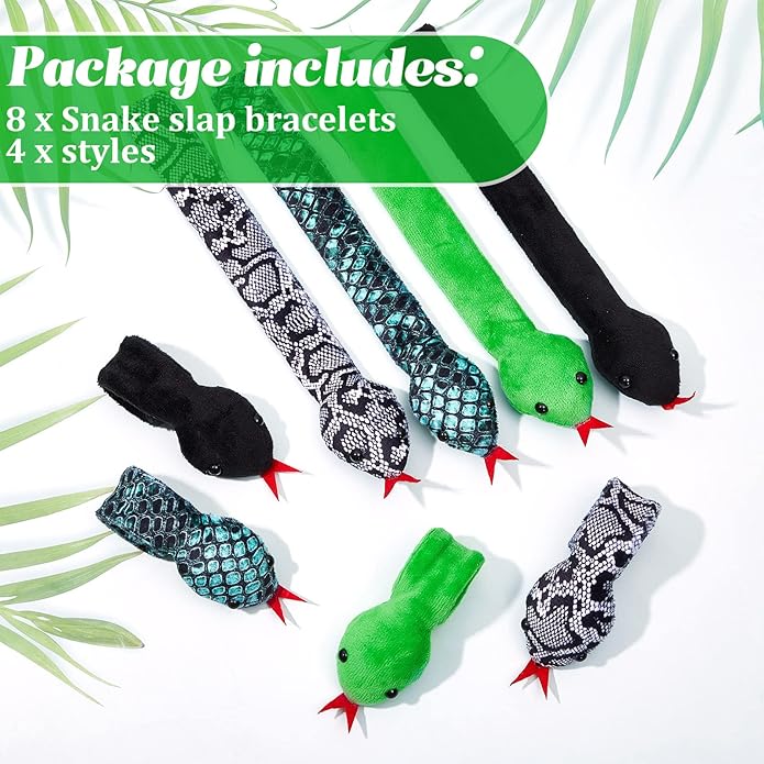 Zhanmai 8 Pieces Slap Bracelet Snake Snap Bracelets Reptile Slap Bracelets Stuffed Snap Bands Fuzzy Animal Slap Bracelet Slap on Bracelet for Kids Boys Girls Halloween Birthday Party Favors