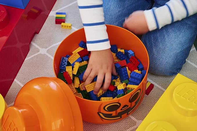 Room Copenhagen, LEGO Storage Heads Stackable Storage Container - Buildable Organizational Bins for Kid’s Toys and Accessories - 6.30 x 6.30 x 7.28in - Small, Pumpkin, Holds 250 Bricks