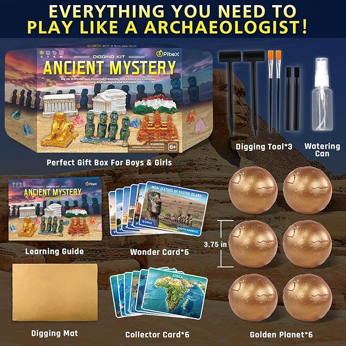 Ancient Wonders Dig Kit, Dig up 6 Mystery Historical Landmarks & 6 Treasure Stones, Famous World History Architecture Toy Archaeology Set, STEM History Gift for Kids Age 6-8-12