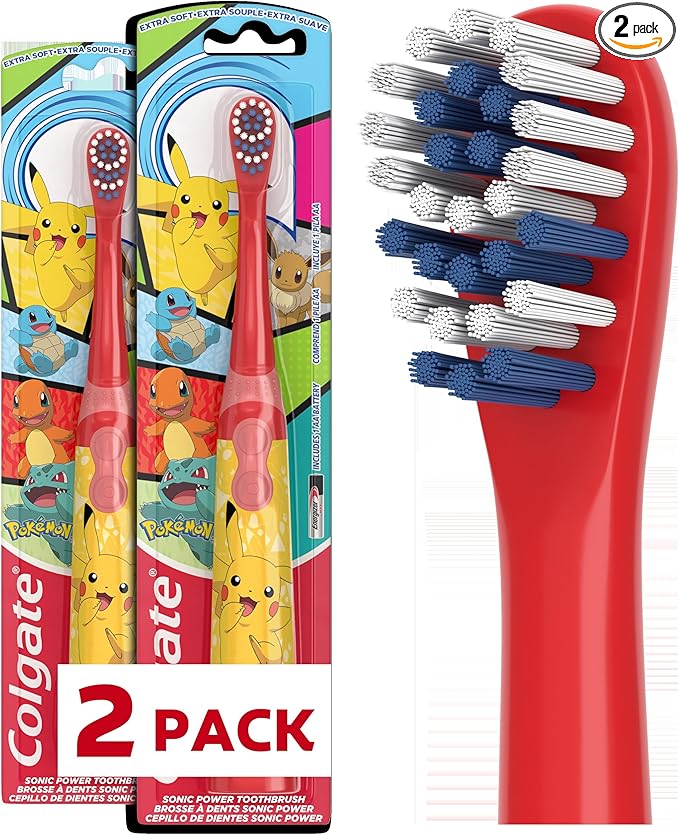 Colgate Kids Battery Powered Pokemon Toothbrush, Extra Soft Bristles, Flat-Laying Handle to Prevent Rolling, AA Battery Included, 2 Pack